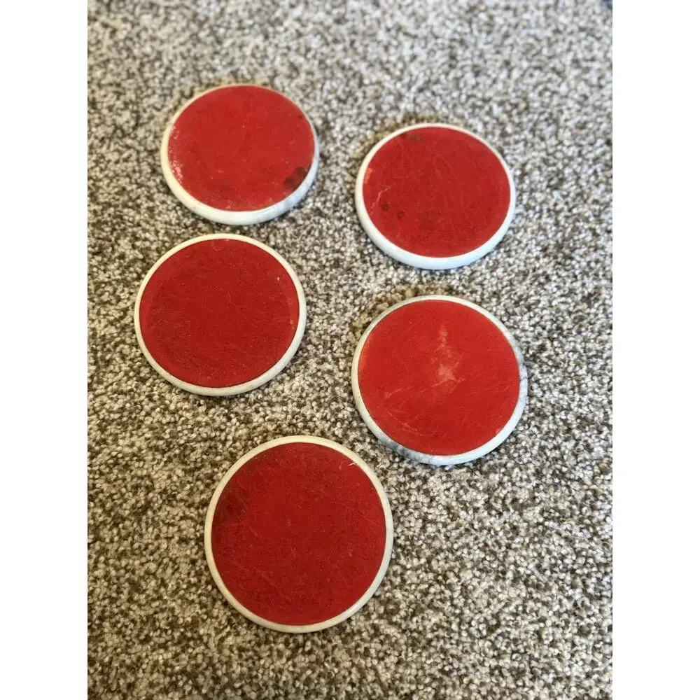 Vintage White Marble Coasters Set of five with Cork centers. Red Felt bases.